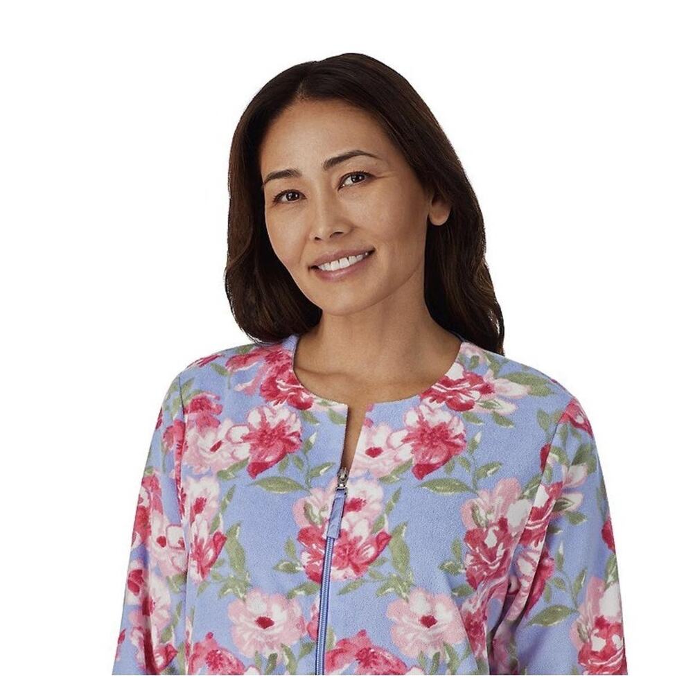 Stan Herman Robe Womens 3X Blue Floral Fleece Zip Front Long Sleeve Kaftan - Picture 4 of 11